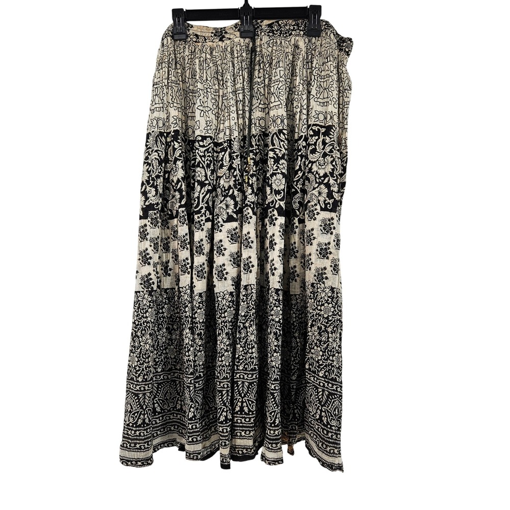 Vintage Boho Block Print Maxi Skirt Black‎ Cream Peasant Hippie Festival Size S